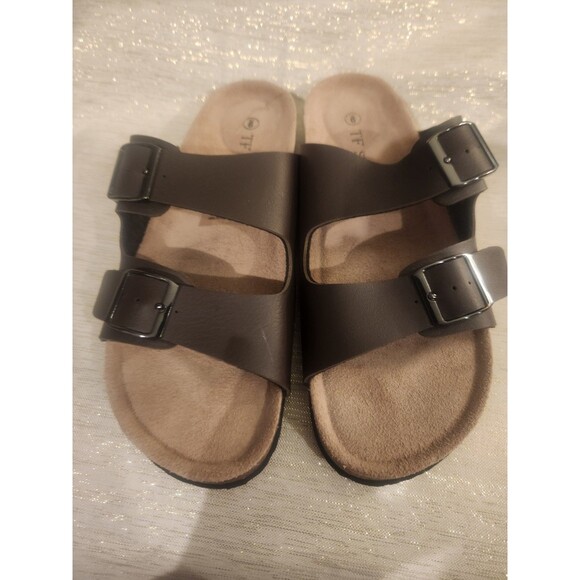 TF Star Brown Leather Unisex Flat Strap Sandals Adjustable Buckle Size 9 - Picture 2 of 6